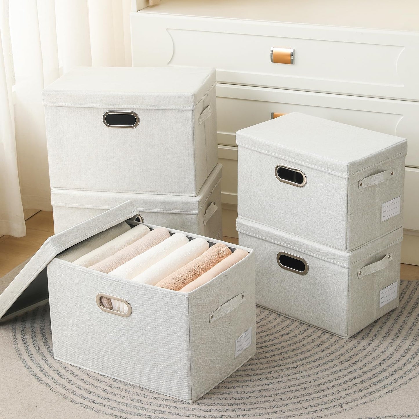 PRANDOM Collapsible Storage Bin with Lid [3-Pack] Fabric Foldable Storage Box Organizer Container Basket Cube with Cover for Home Bedroom Closet Office Beige(15.3x10x9.7)