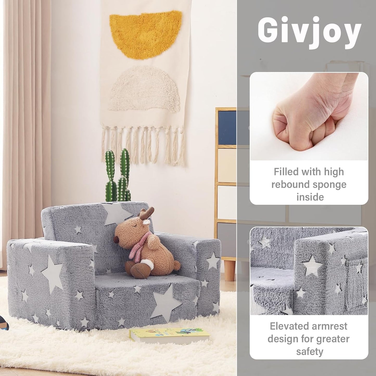 Toddler Chair Plush Kids Couch, 2-in-1 Comfy Armchair Removable and Washable Cover Carrying Handle, Convertible Reading Chair Toddler Couch for Girls and Boys, Glow in The Dark Grey Star