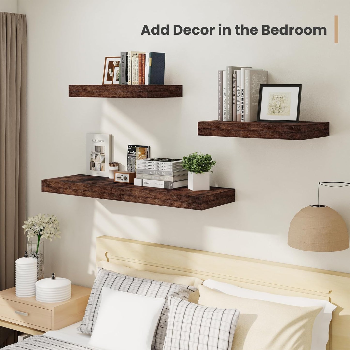 Heimlove 12 Inch Deep Floating Shelves, 48 x 12 inches Long Wall Shelf, Large Display Shelf & Storage Shelf, Rustic Wood Wall Shelves for Fireplace Mantel, Set of 2(Rustic Brown)