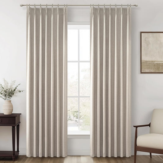 Grey Beige Linen Pinch Pleated Viral Thick Curtains Blackout & Drapes 84 Inch Length 2 Panels Set for Living Room, Black Out Windows Bug with Memory Trained Back Tab for Traverse Rods (40"Wx84"Lx2)