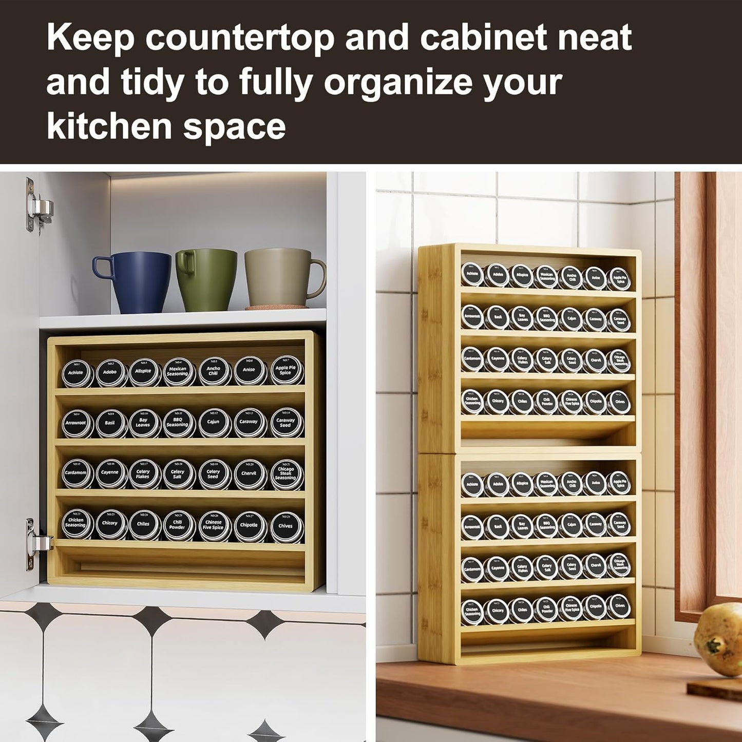 Orimade 4 Tier Spice Rack Organizer for Cabinet, Freestanding Bamboo Seasoning Rack for Countertop, Cupboard, Pantry, Kitchen, 13.18 x 4.13 x 12.2 inches(Spice Jars Not Included)