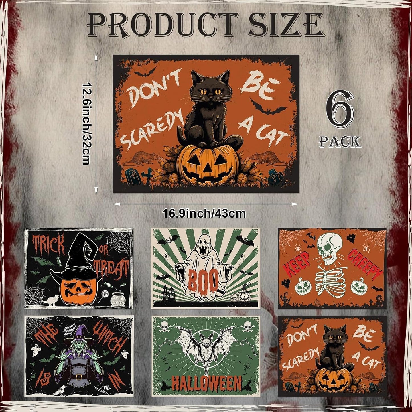 Halloween Placemats Set of 6 Vintage Plastic Table Mats Black Cat Place Mats Washable Ghost Witch Bat Rectangle Skull Table Decoration for Indoor Outdoor Party Kitchen Dining