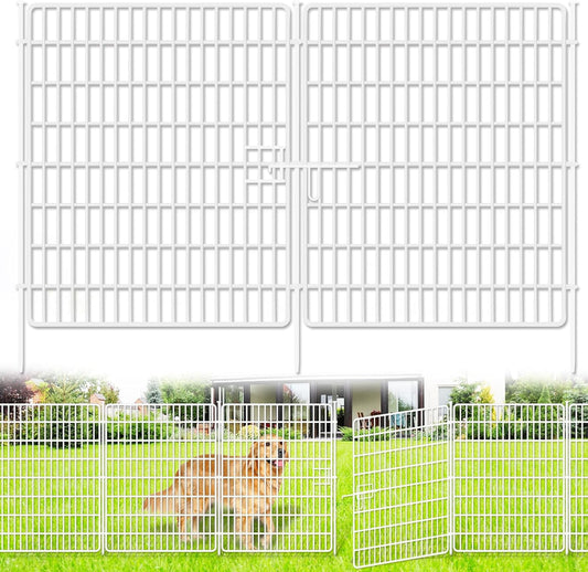 10 Panels No Dig Fence with Gate, 32 in(H) X 24 ft(L) Garden Decorative Fence Animal Barrier for Dogs, Rustproof Metal Garden Edging Border for Outdoor, Yard, Patio, White