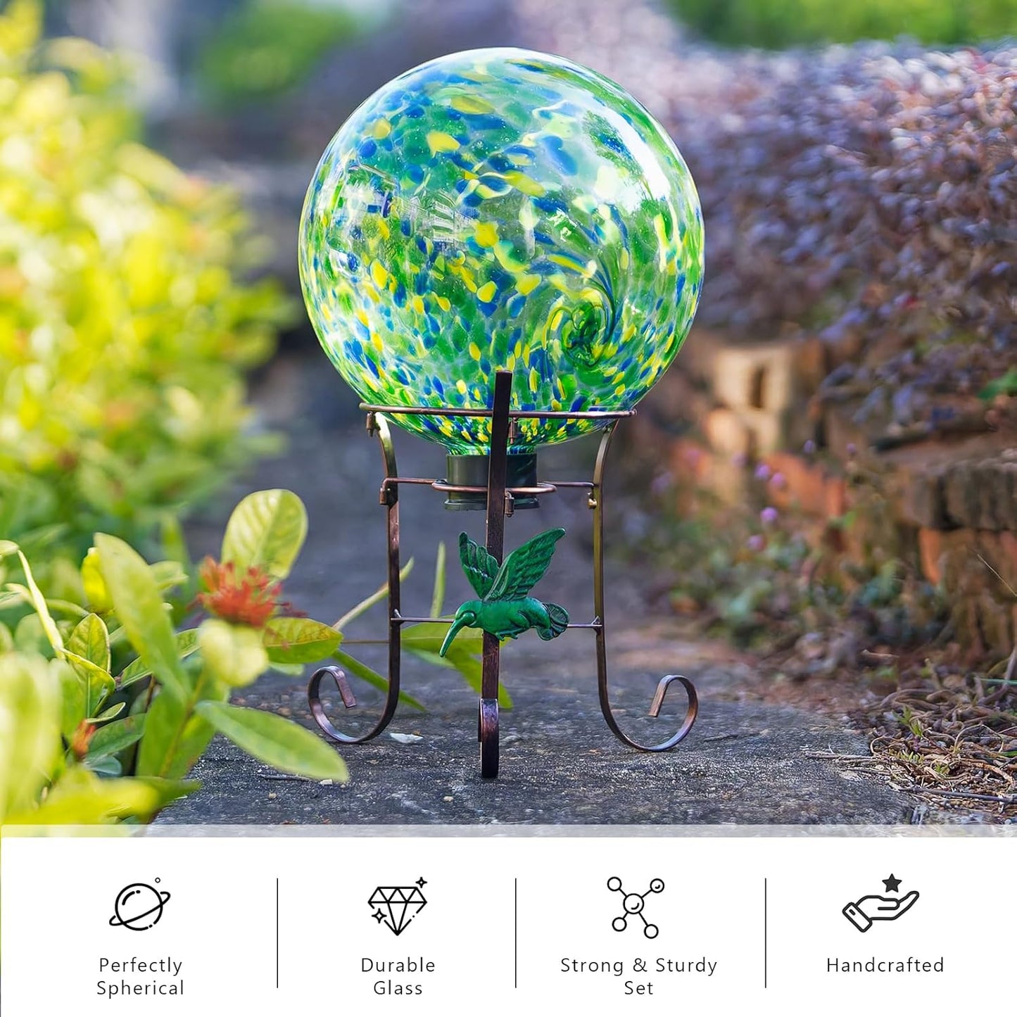 10 Inch Glass Gazing Ball, with 9.4" Tall Metal Gazing Globe Stand, Glass Balls Display Holder Set for Outdoor Garden Lawn Yard Decoration, Bright Summer Burst