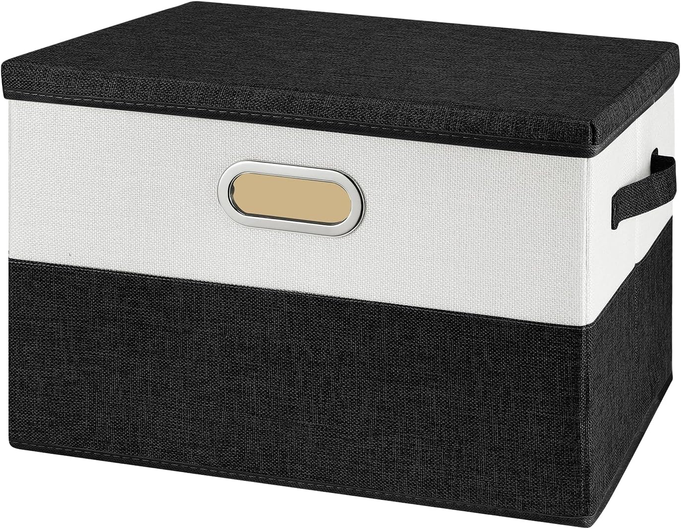 Large Linen Fabric Foldable Storage Bins with Removable Lid and Handles, Washable Storage Box Organizer Containers Baskets Cube with Cover for Bedroom,Closet,Office (Black&White, Medium)