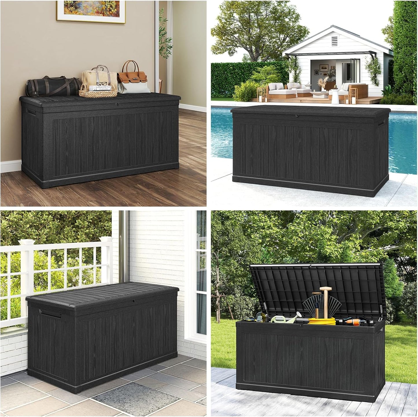 260 Gallon Deck Box Lockable, Outdoor Storage Box Waterproof and UV Resistant, Large Patio Storage Box with 1000 lbs Capacity, for Garden, Patio Furniture, Pool (Black)