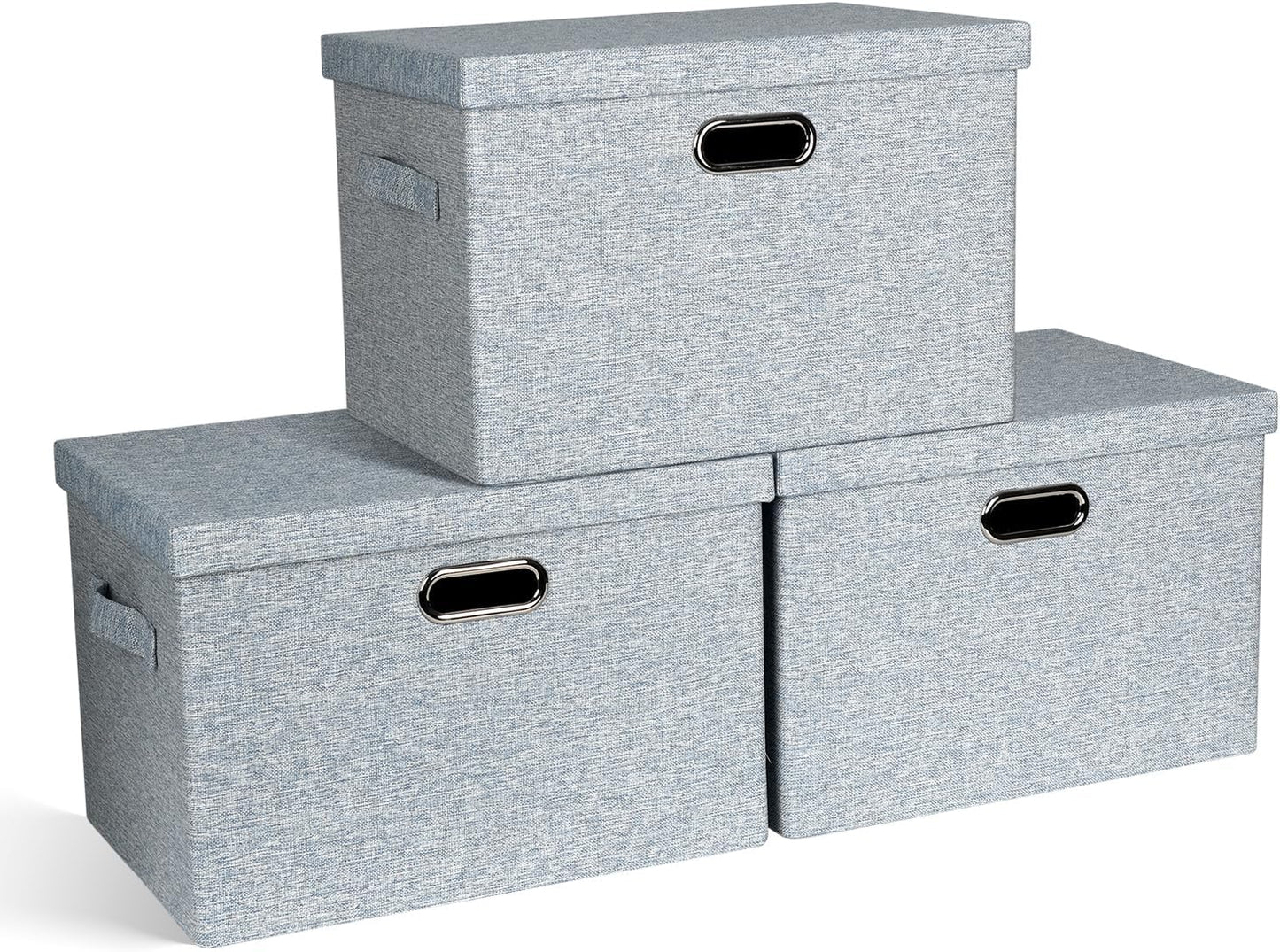 Large 17" 36 Quart Collapsible Stackable Storage Bins with Lids, 3 Packs Blue-Grey Linen Fabric Closet Boxes with Lids, Storage Cube Baskets Container Organizers for Bedroom (17x12x11)