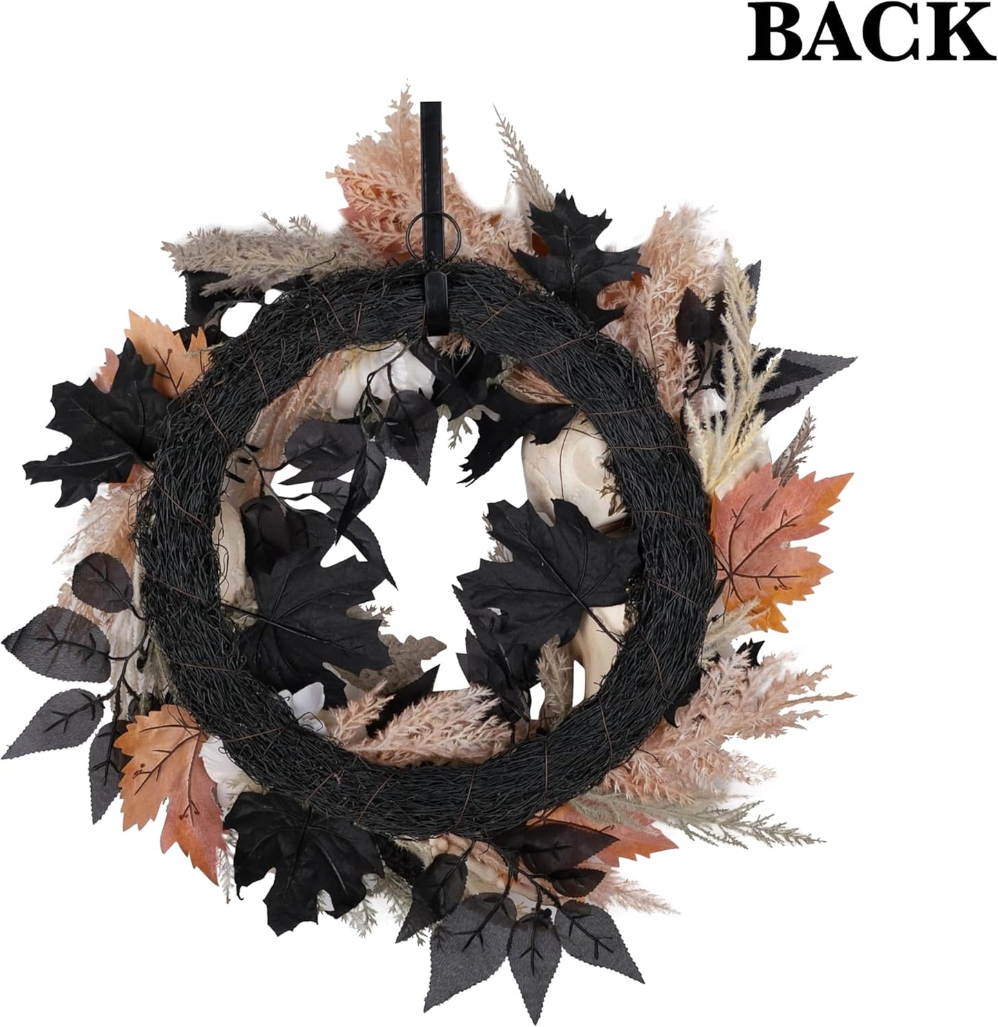 24" Halloween Wreath for Front Door with Artificial Skulls, Wheat, Maple Leaves and White Peonies - Fall Halloween Holiday Decoration for Home Door Wall Indoor/Outdoor