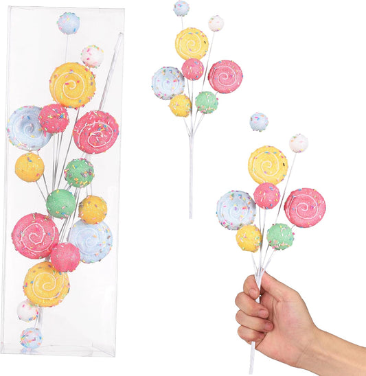 2Pcs Christmas Tree Picks Branch Decorations Macaron Topper Ornaments Candy Spray Picks Twigs Stems for Xmas Wreath Decoration New Year Party