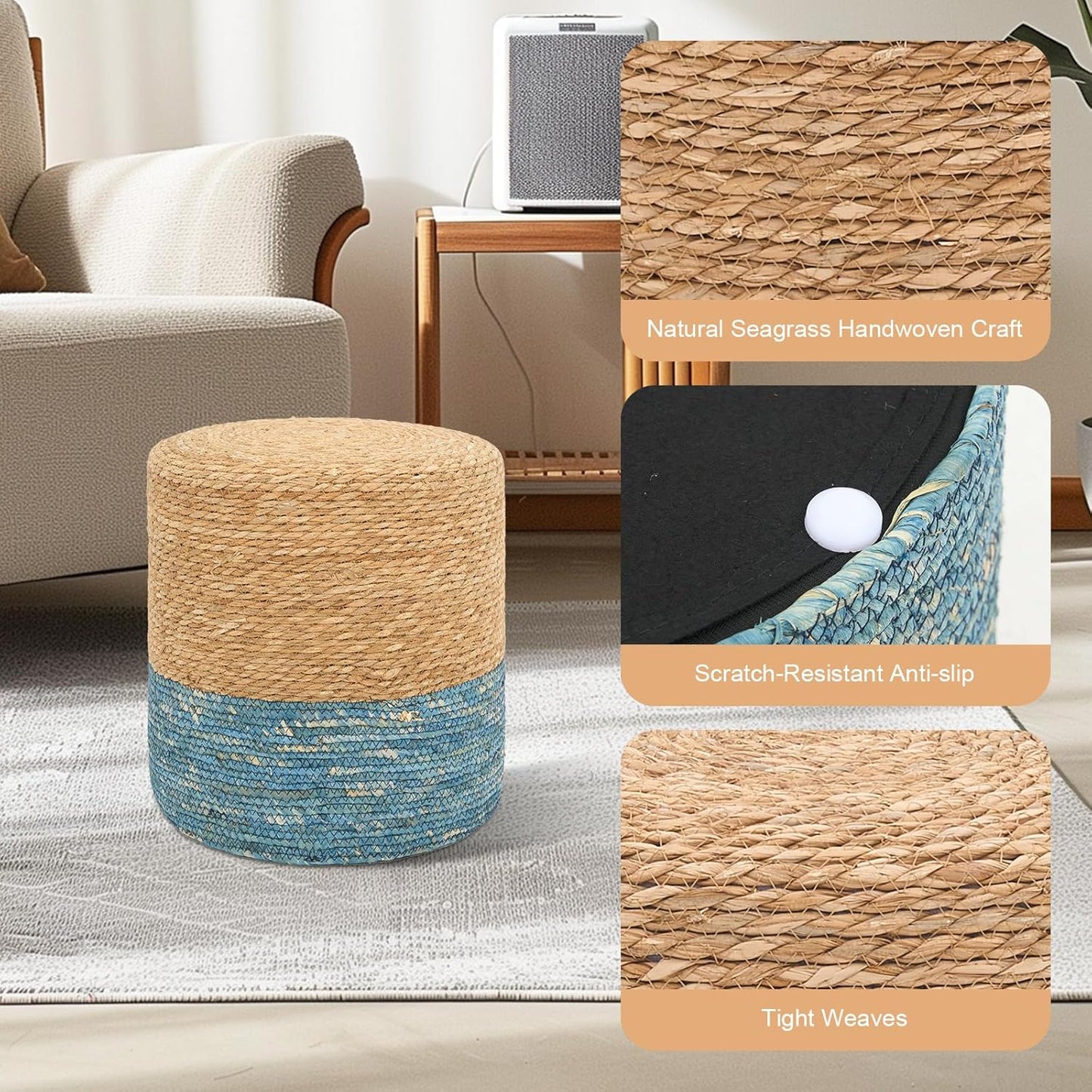 16'' Round Ottoman Natural Seagrass Braided Poof Hand Weaving Round Ottomans Boho Footrest Stool for Home Living Room Bedroom Patio(Natural&Blue)