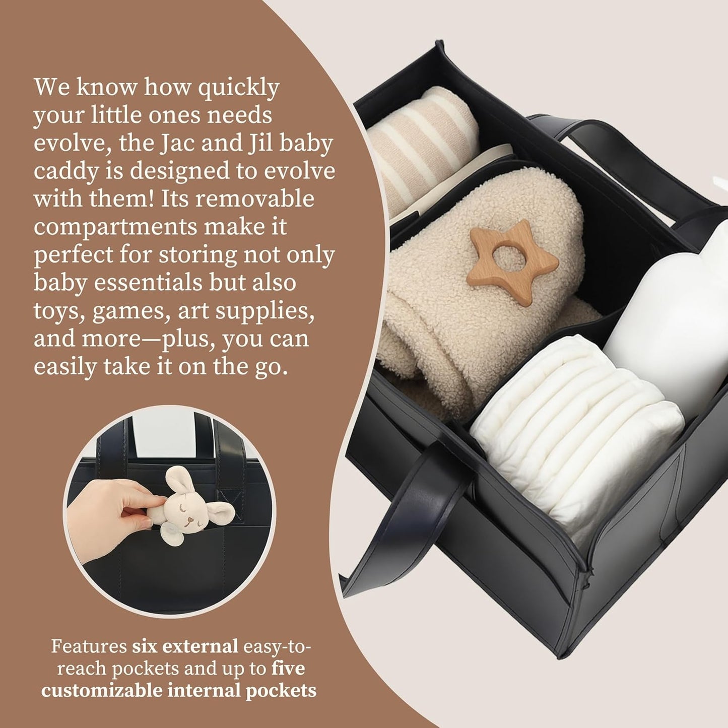 Premium Vegan Leather Baby Diaper Caddy Organizer – Portable Storage Basket for Newborn Essentials, Changing Table, Nursery, Car & Travel, Gifts for Baby Shower (Liquorice Black)