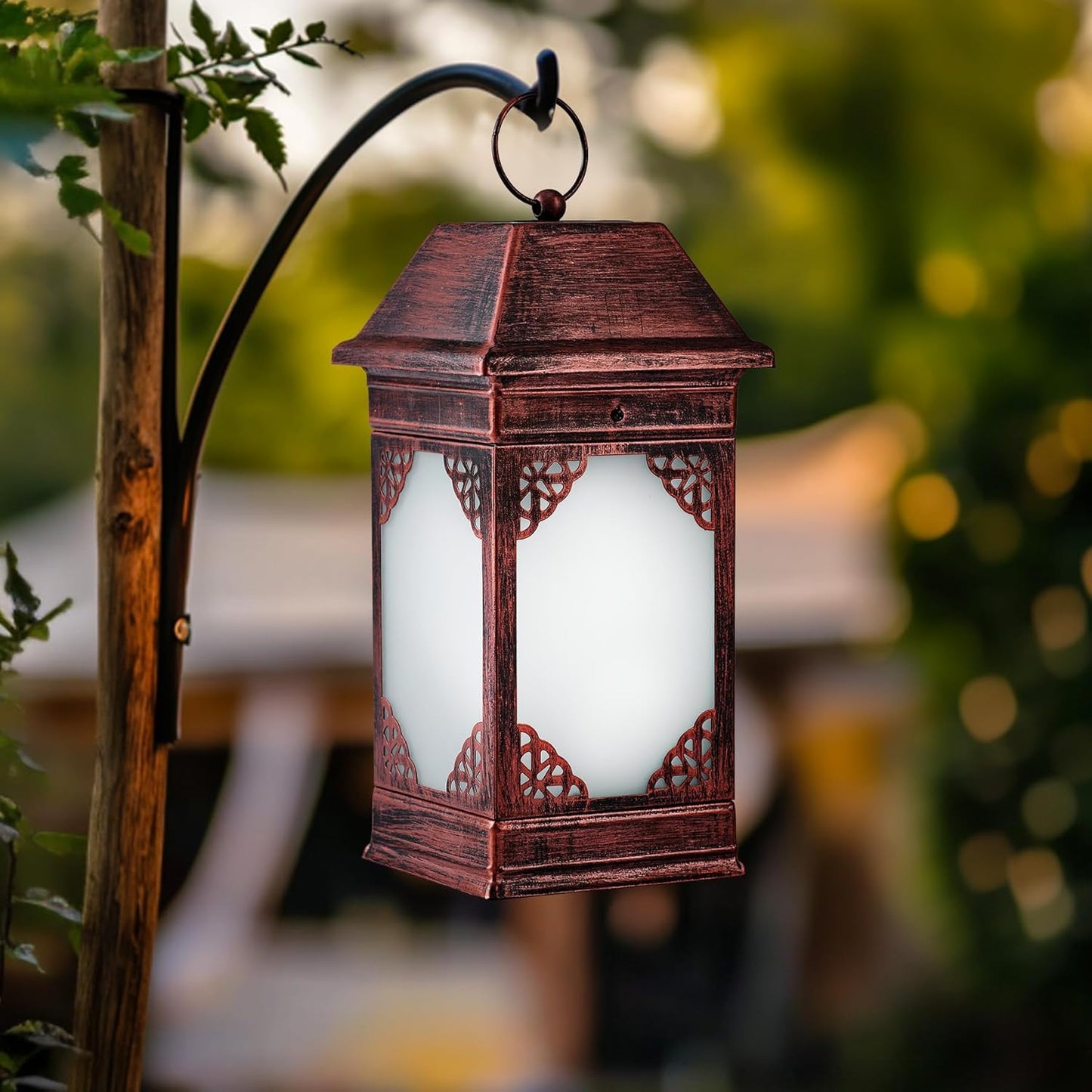 14" Solar Lanterns Outdoor Waterproof, Glass Flickering Flame Solar Lantern, Hanging Metal Lantern Decorative for Patio Front Porch Garden Backyard Tabletop Party Decoration