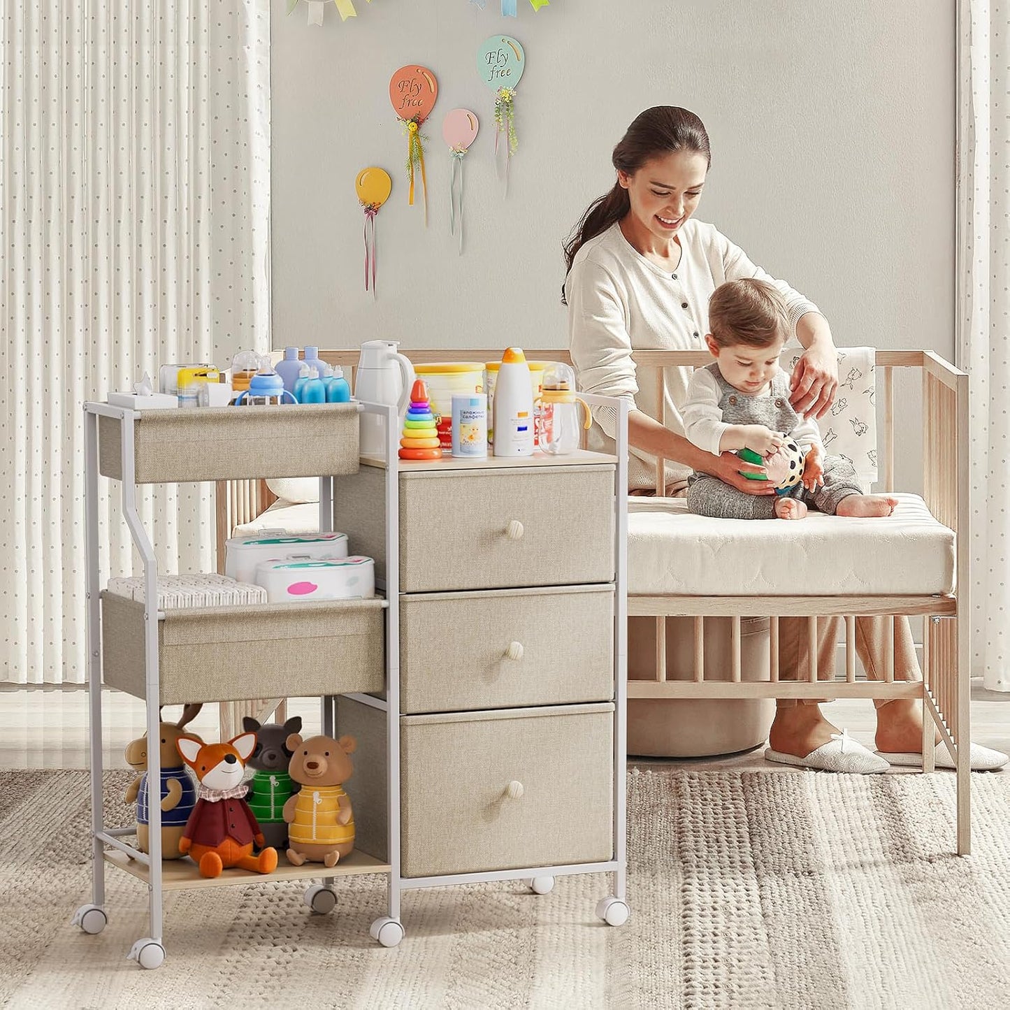 Baby Organizer and Storage - 3 Tier Rolling Cart with Dividers and Drawers, Easy To Assemble, Mobile Utility Cart with Wheels for Nursery, Bedroom, Changing Table & Crib,Off White