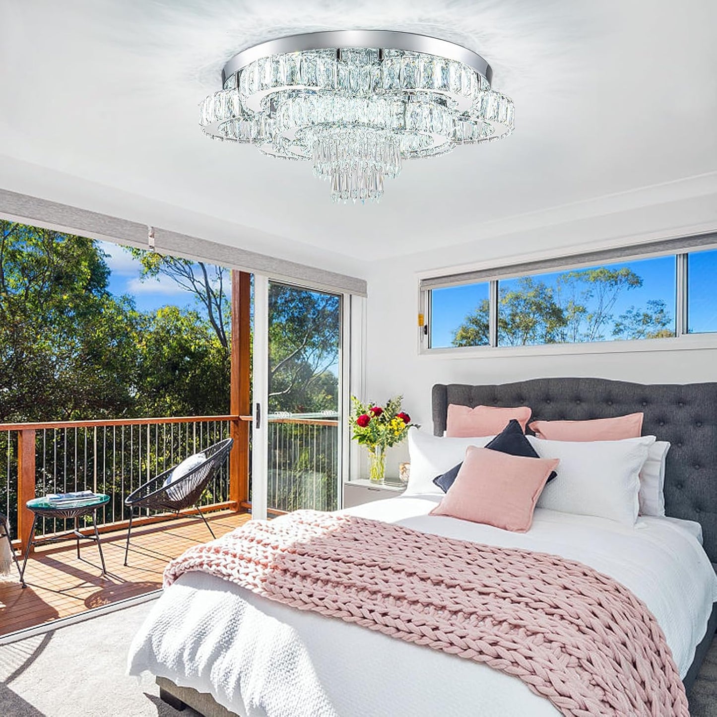 21 Inch Crystal Chandelier LED Flush Mount Ceiling Light Fixtures Luxury Chandeliers for Living Room Bathroom Bedroom Entrance Dining Room(Cool White)