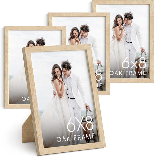 HAUS AND HUES 6x8 Natural Oak Wooden Picture Frame - Set of 4 6x8 Poster Frame - Premium Oak, Vertical Hang, Shatterproof Plexiglass - Ideal for Home, Room, Office (6x8-inch, Natural, Set of 4)