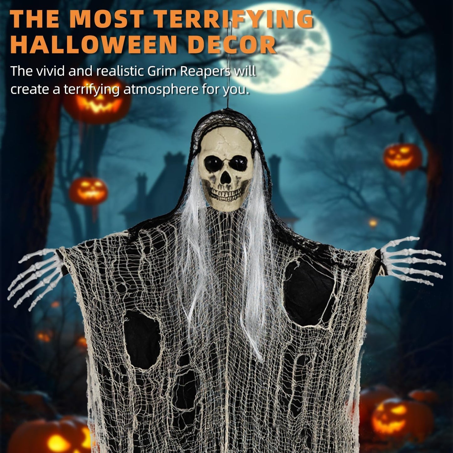 Halloween Decorations Outdoor and Indoor,3PCS Scary Hanging Ghosts,Halloween Grim Reaper Skeleton,Scary Party Decorations for Yard,Haunted House Decor