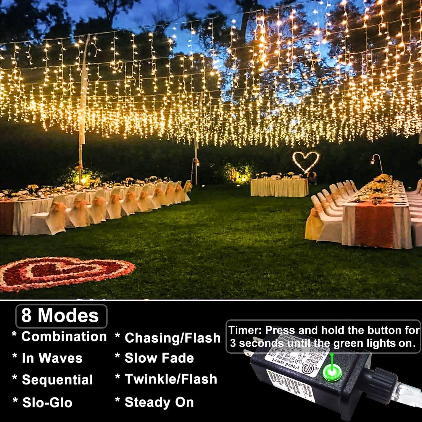 132ft Icicle Lights for Outside - 1280 LED Warm White Twinkle Lights with 240 Drops, 8 Modes Plug in Waterproof Timer Memory. Cannot be Extended. The Plug is in the Middle (66ft+66ft)