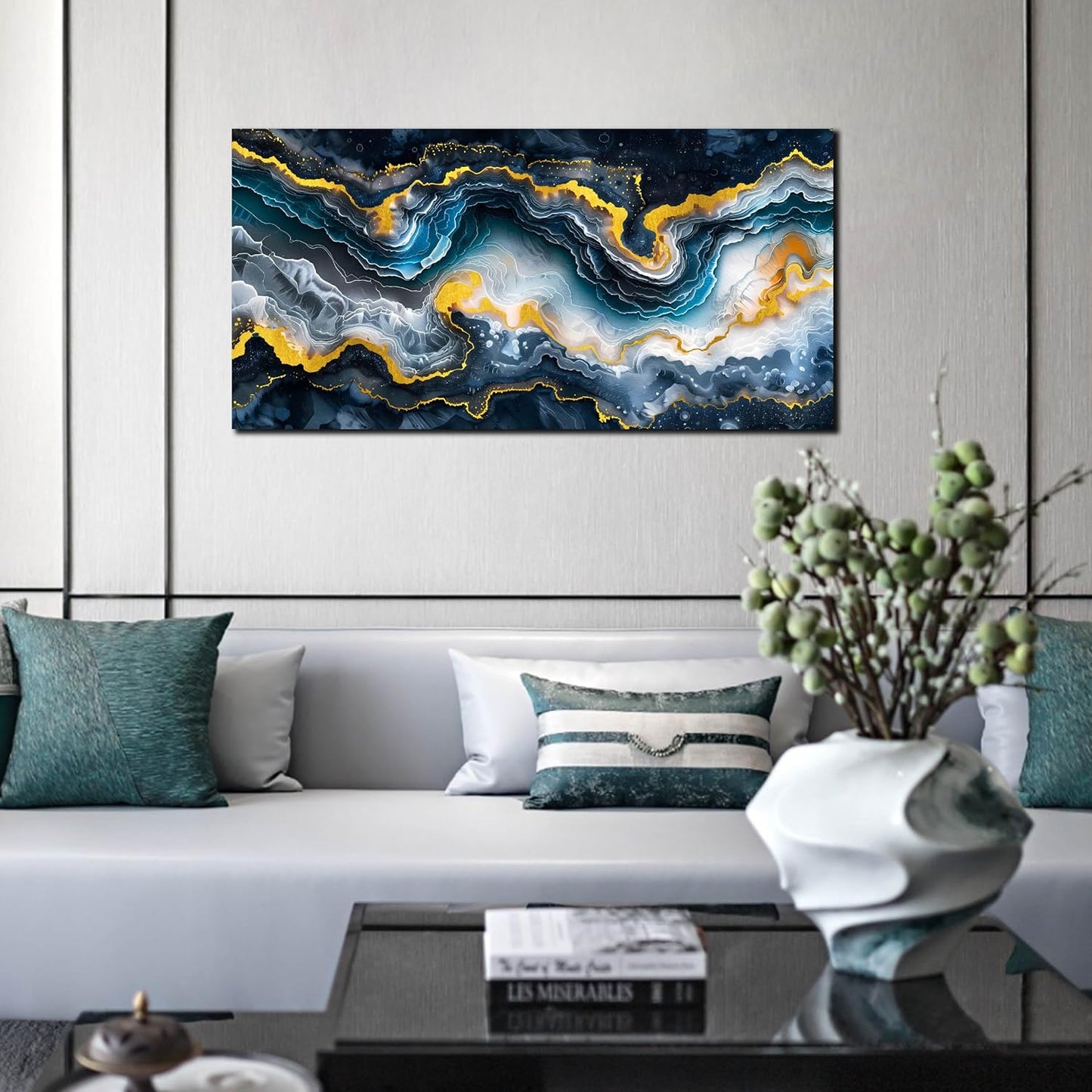 GUGIKA Abstract Wall Art for Living Room, Gold Black and Blue Canvas Wall-Art for Bedroom, Ocean Landscape Print Paintings, Size 40x20 Inches