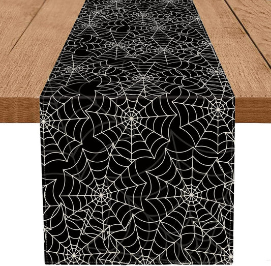 Halloween Table Runner Spider Web Black Linen Table Runners for Seasonal Holidays Indoor Outdoor Kitchen Dining Party Home Decor 13 x 108 Inch