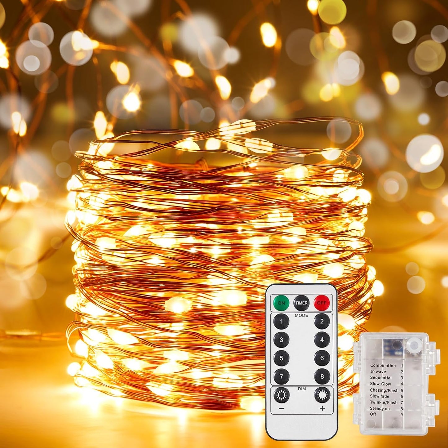 2 Pack 16.4 Ft. Battery Operated Outdoor String Lights with Remote & Timer, LED Warm White Fairy Lights, Waterproof Twinkle Lights for Bedroom, Dorm, Mason Jar, Wedding, Party, Christmas