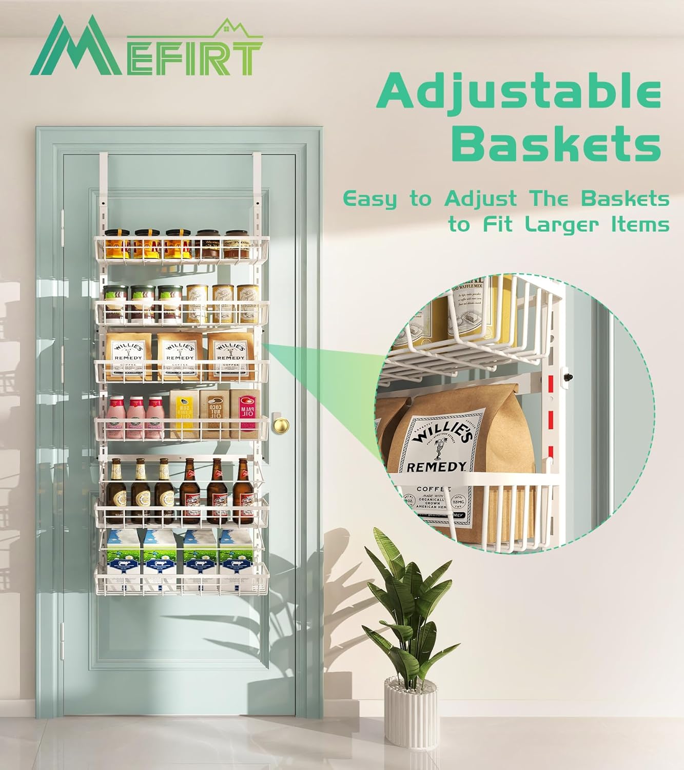 Over The Door Pantry Organizer, Wall Mount Spice Rack, Pantry Hanging Storage and Organization, 6 Adjustable Baskets Heavy-Duty Metal for Home & Kitchen, Back of Door Seasoning Rack - White