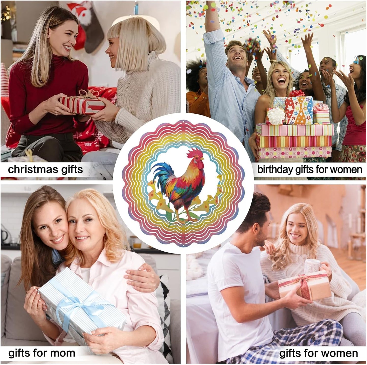 Wind Spinners Outdoor Chicken Decorations - Birthday Gifts for Women Mom Grandma, Rooster Deocr Hanging Wind Spinner 12 inch 3D Wind Sculptures for Garden Decor for Outside, Patio, Yard, Outdoor