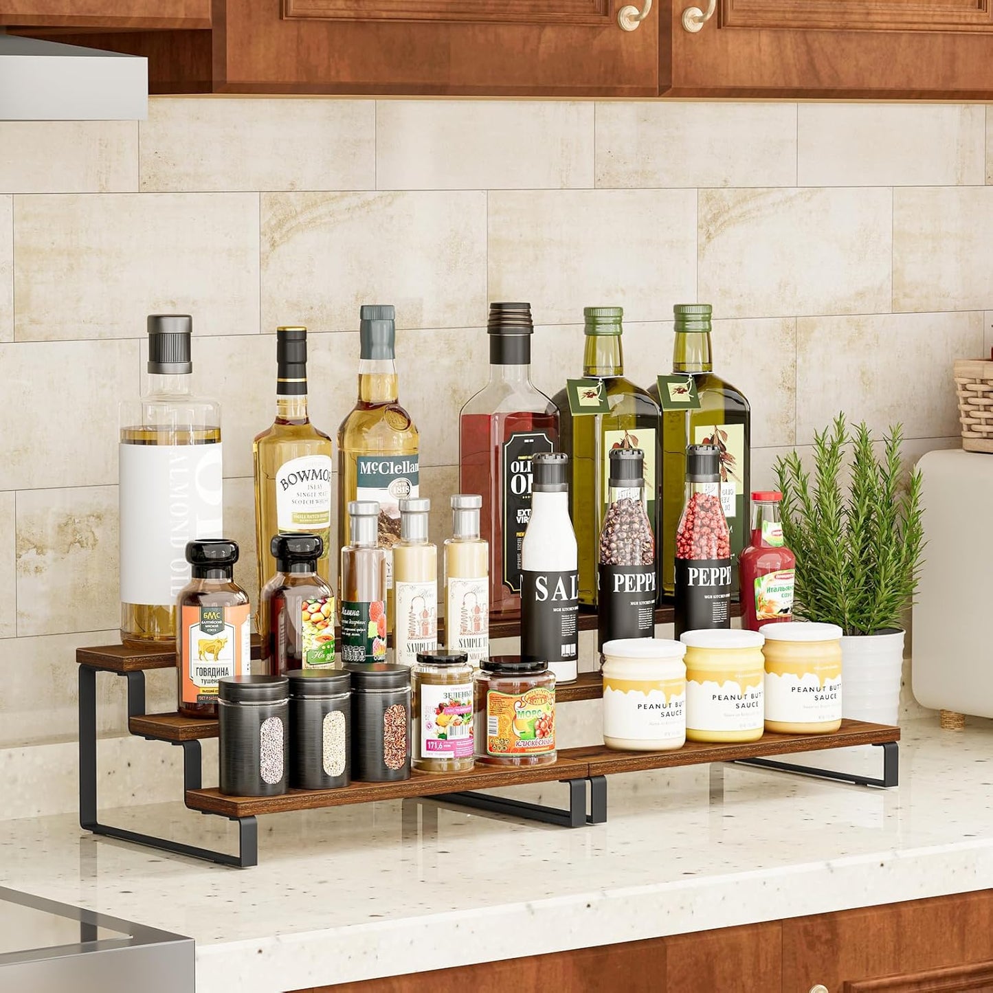 Giikin 3-Tier Spice Rack, 13.8 Inch Wood Countertop Spice Storage Holder, Kitchen Pantry Cabinet Organizer Cupboard for Spice Bottles, Jars, Seasonings, Baking Supplies, Metal Frame(Set of 2)