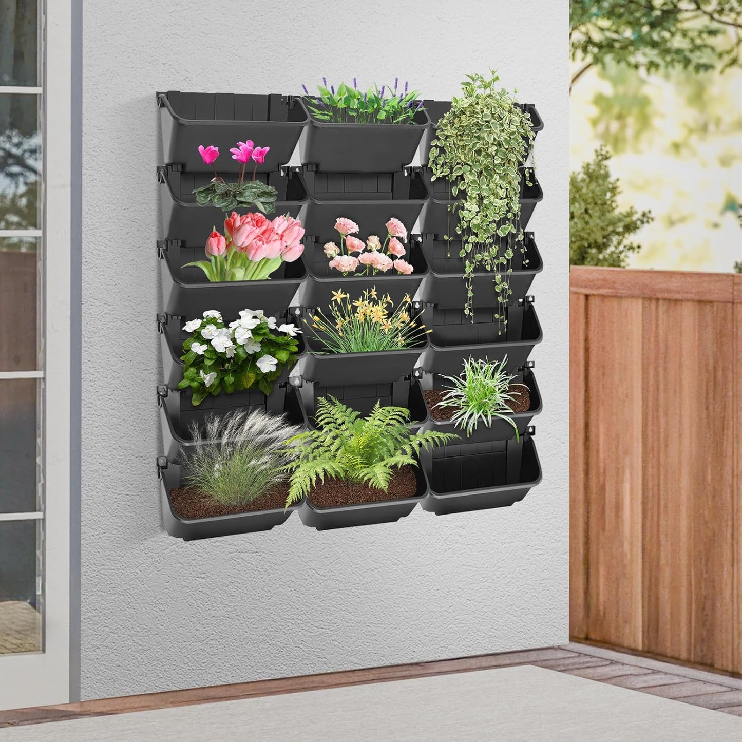 18Pcs Vertical Wall Planter, 13 inch Wall Mounted Garden Planters, Plastic Wall Hanging Planter with Drainage Holes, Wall Planters for Patio Outdoor Decor, Balcony Plant Hanging Flowerpot (Black)