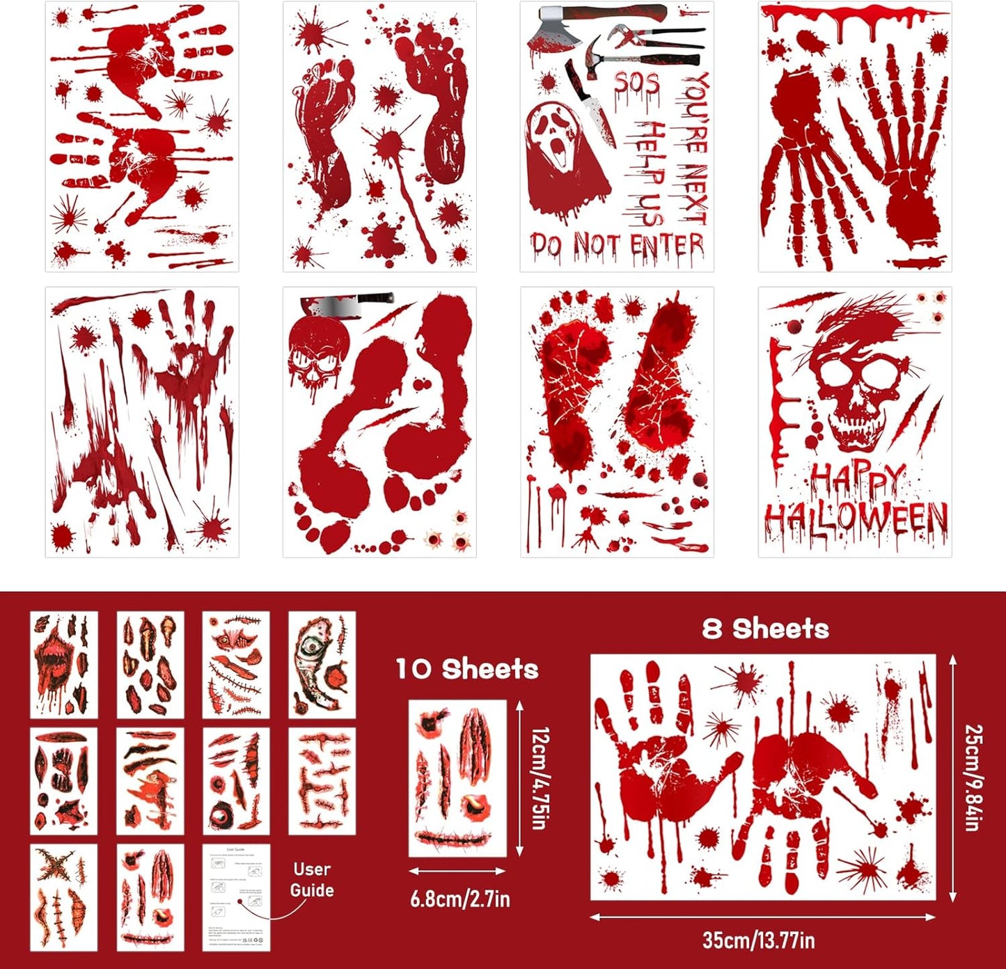 Halloween Decorations 165 PCS, 8 Sheets Bloody Handprint Footprint Halloween Wall Decal Floor Window Stickers,10 Sheets Wound Tattoo Stickers, Scary Party Decorations Window Stickers