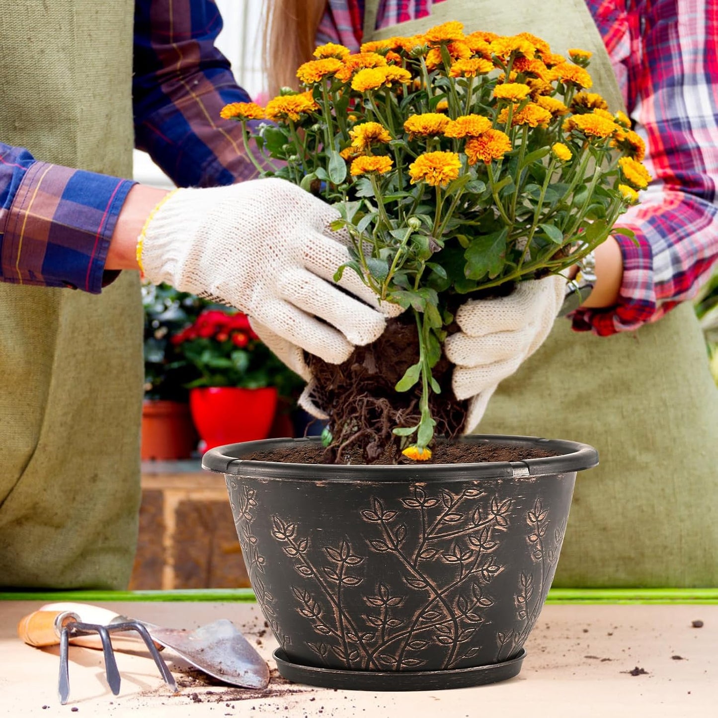 12-inch-Flower-Pots-Outdoor-Indoor, 4 Pack Plastic Planter Pots for Plant with Drainage Hole Saucer, Decorative Resin Garden Container with Tray
