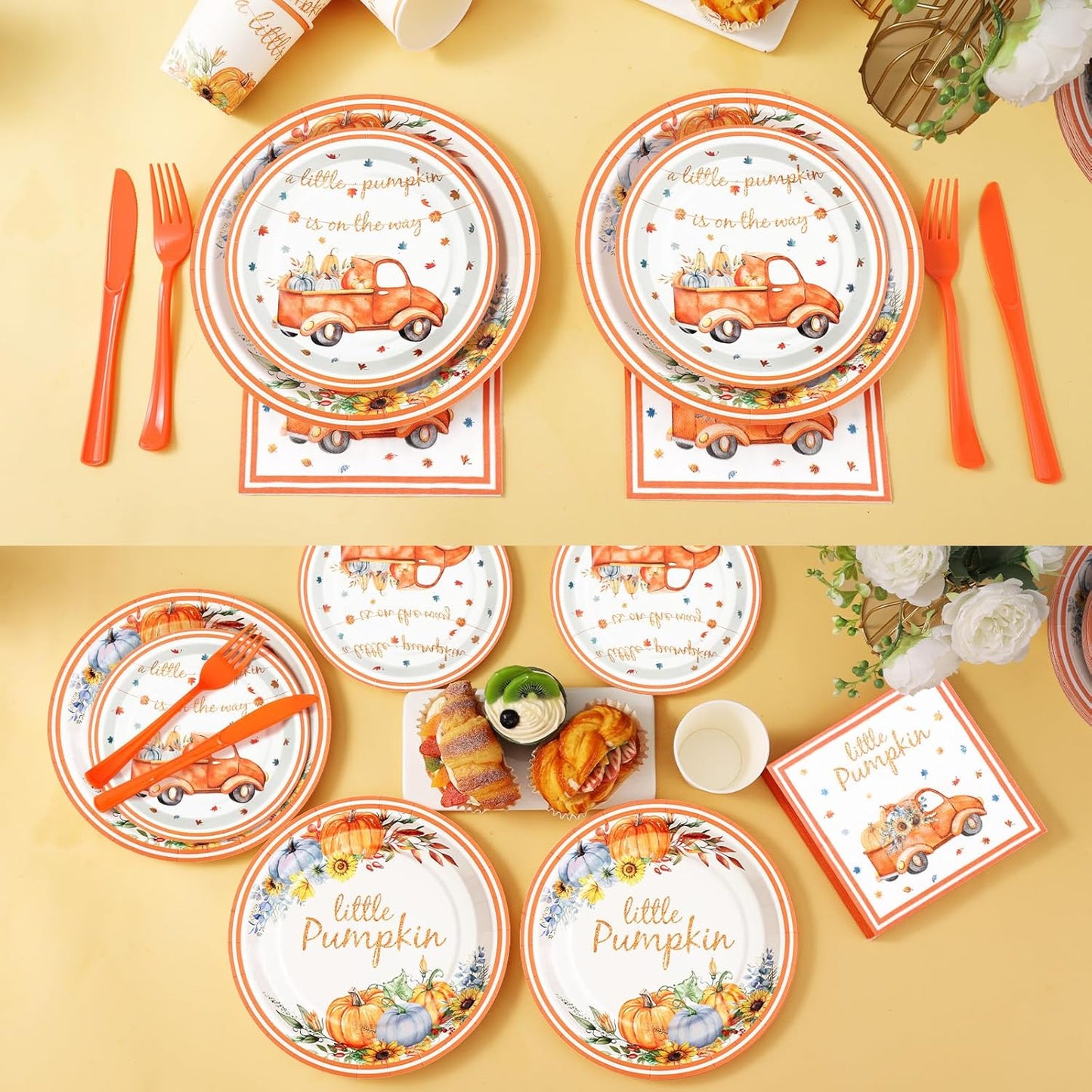 168 Pcs Little Pumpkin Plates and Napkins, Fall Baby Shower Plates and Napkins Sets Serves 24, Little Pumpkin Baby Shower Decorations Boy, Orange Blue Autumn Farm Thanksgiving