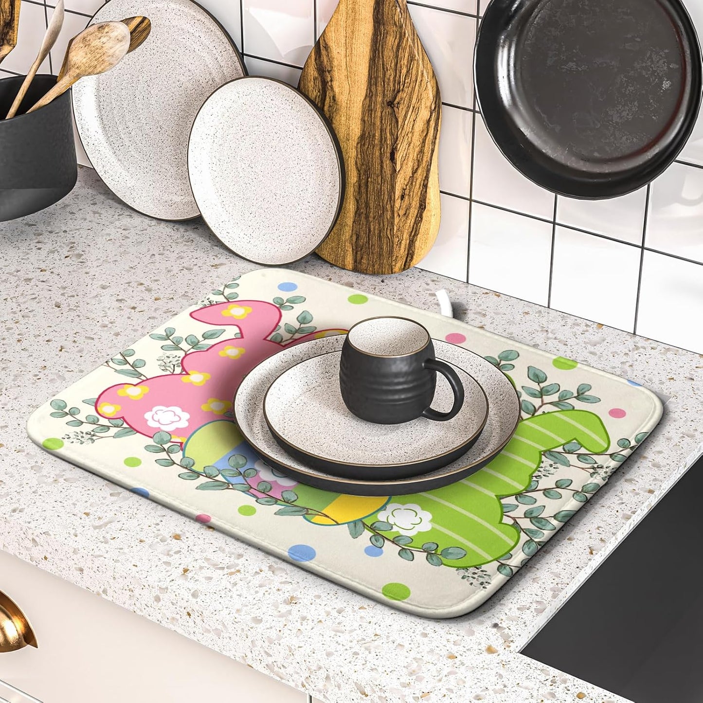 Easter Dish Drying Mat for Kitchen Counter Cute Bunny Rabbit Festival Seasonal Absorbent Reversible Microfiber Kitchen Countertop Protector Dishes Pad Large 16x18 inch