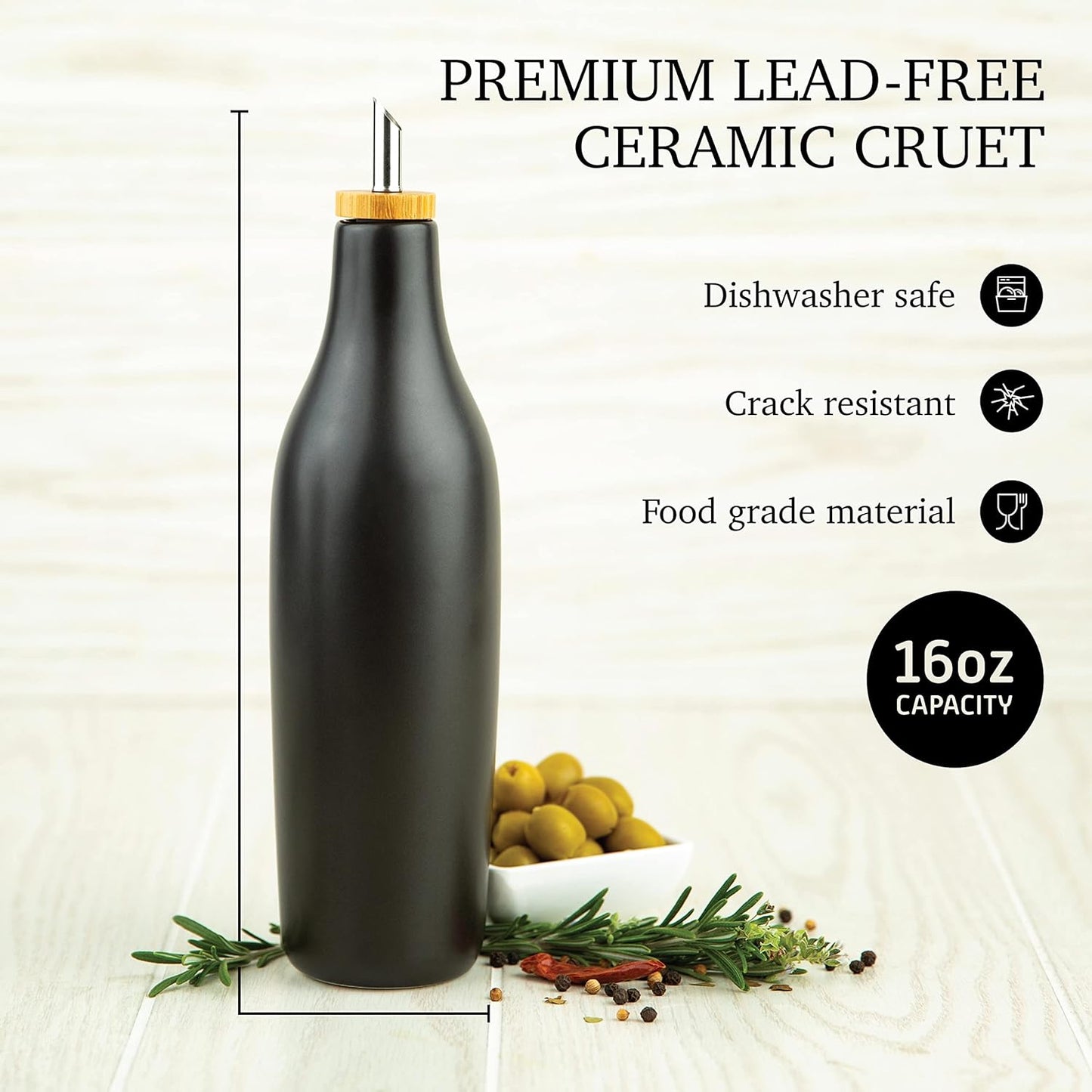 Black Ceramic Olive Oil Dispenser Bottle 16 Oz Container for EVOO or Vinegar, Kitchen Counter Design
