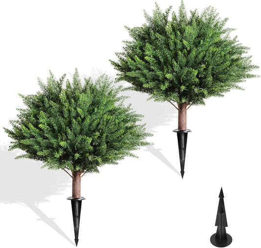 23" Artificial Cedar Topiary Ball Trees ，Set of 2 Outdoor Faux Plants with Ground Spike, UV Resistant Fake Pine Shrubs Bushes for Indoor Front Porch Yard Decorations (Cypres)