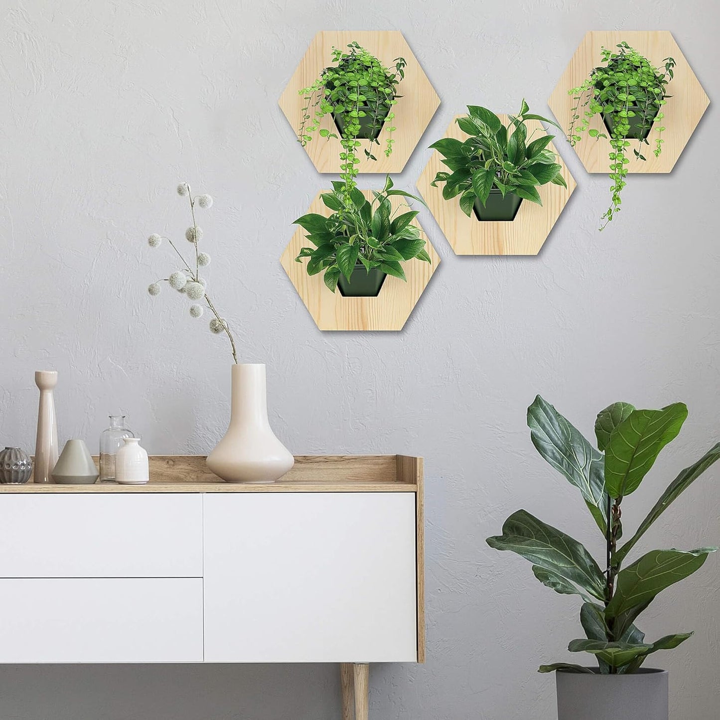 Hexagonal Wooden Wall Planter, Self Watering Living Vertical Planters Indoor, Wooden Frame Planter Wall Decoration Home Office 2pc
