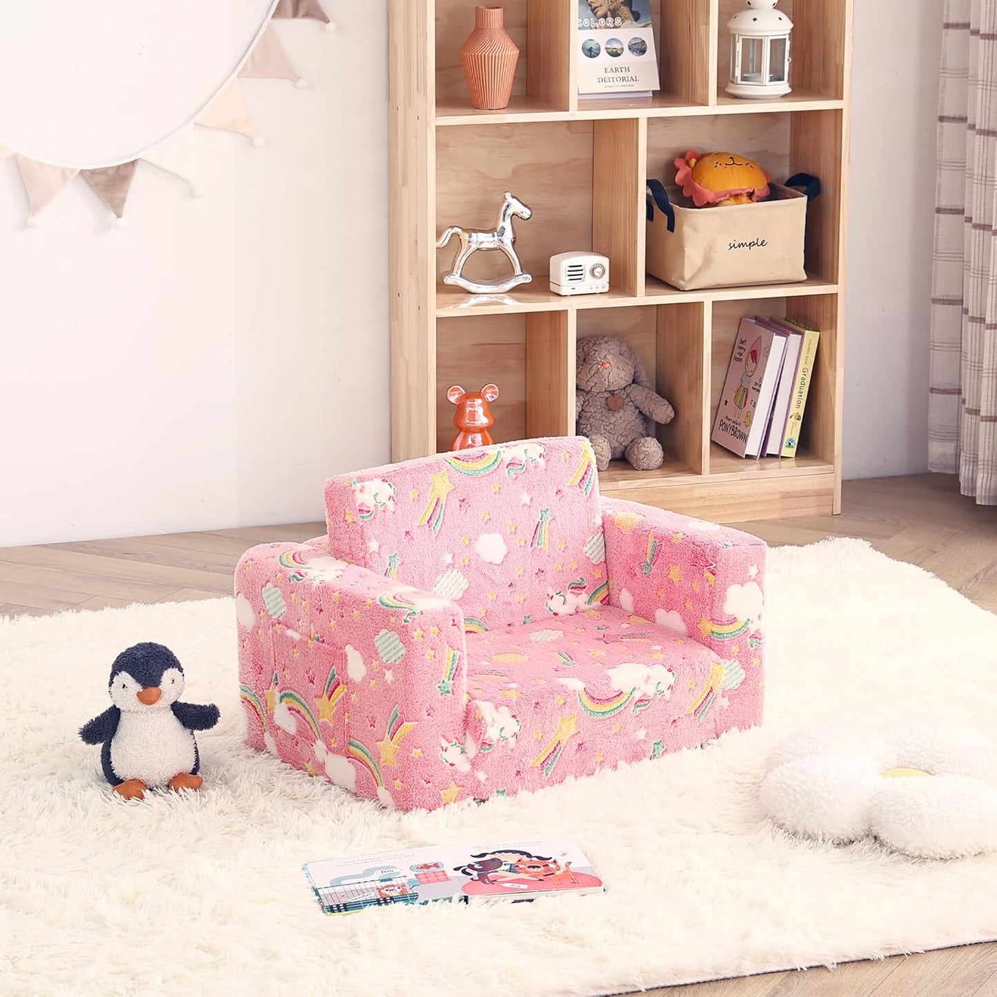 Toddler Chair Kids Couch, 2-in-1 Comfy Armchair with Removable and Washable Cover Carrying Handle, Convertible Reading Chair Toddler Couch for Girls and Boys, Pink Rainbow