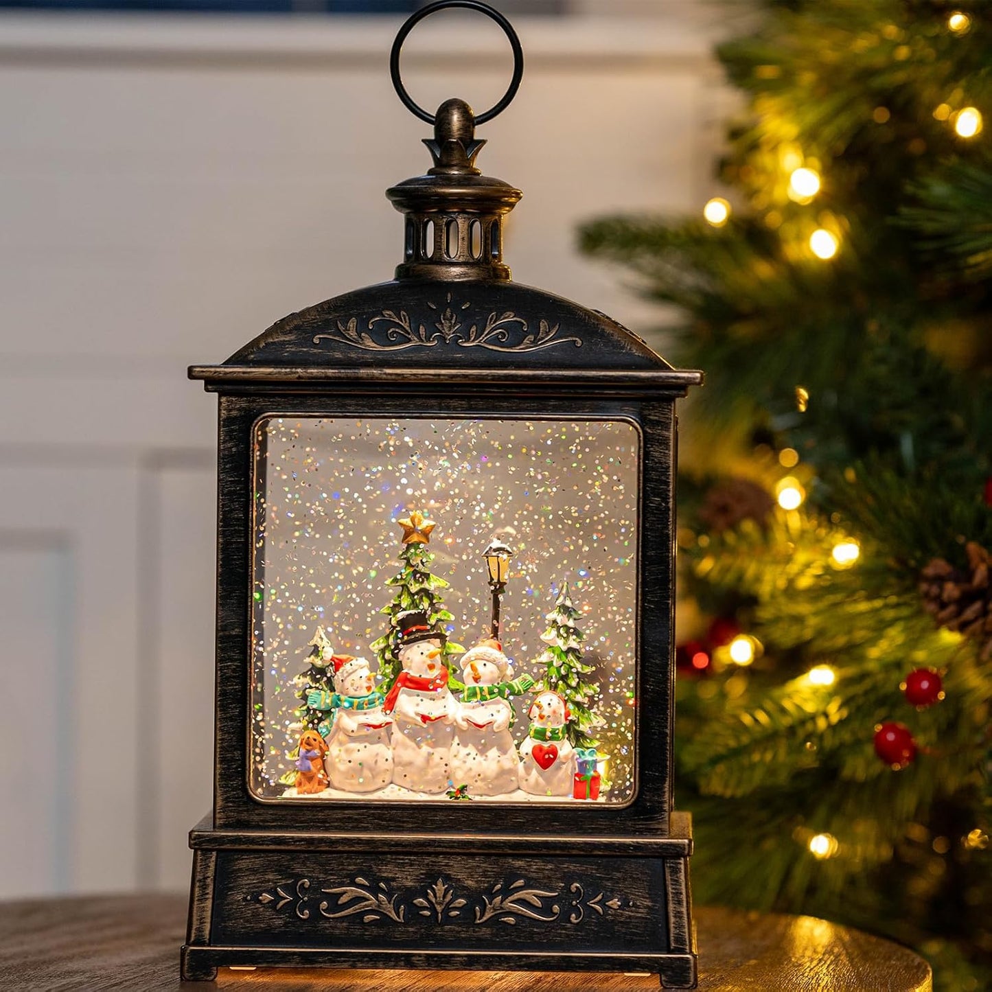 12.5'' Christmas Snow Globe Lantern Lighted Snowman Choir Musical Snowmen Carolers Water Lantern in Swirling Glittering Home Decoration and Gift, Battery Operated or USB Powered