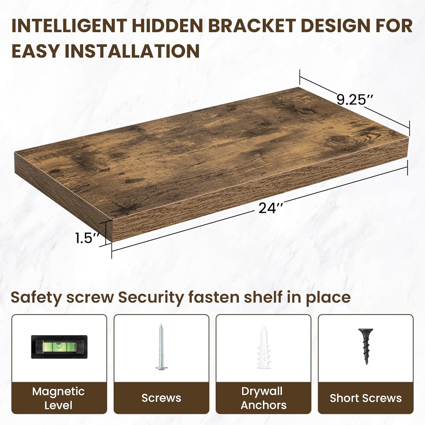 24 Inch Floating Shelves, 12 Inch Deep Floating Shelves for Wall, Floating Shelf with Invisible Brackets, Deep Shelves for Bathroom, Bedroom, Living Room, 2 Pack, Brown