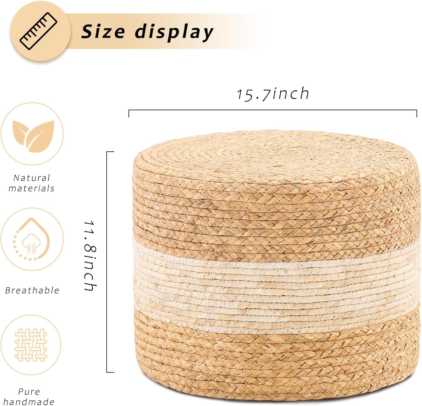 Handwoven Water Hyacinth Ottoman Pouf, Round Outdoor Footstool with Sturdy Frame, No Assembly Needed, Boho Accent Stool for Indoor & Outdoor Use – Patio, Balcony, Living Room (White)