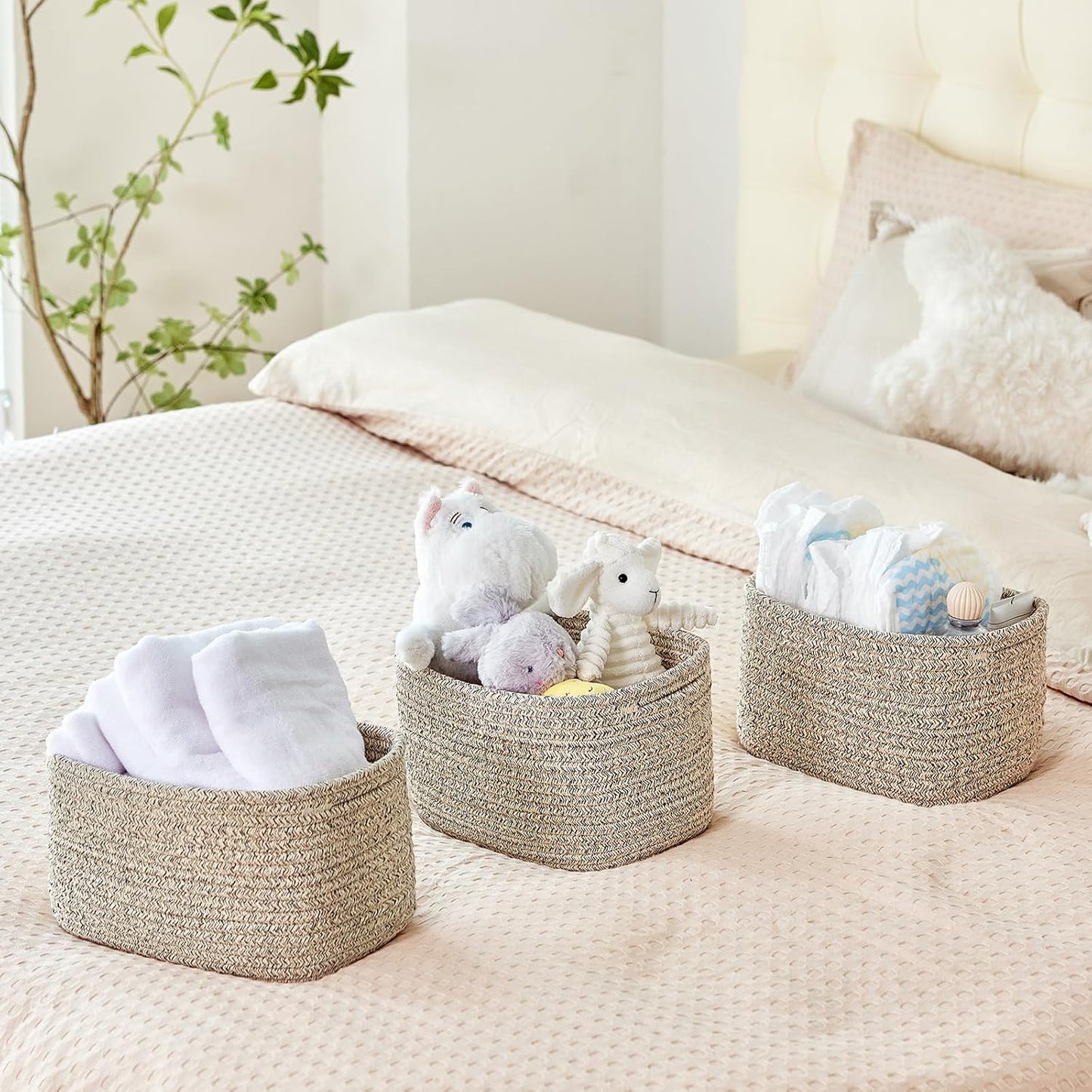 Small Cotton Rope Storage Basket Set of 3-11"x7"x7" Perfect Woven Baskets for Storage, Ideal Storage Baskets for Organizing Toys, Towels, and More - Baskets for Shelves and Home Decor（Beige）