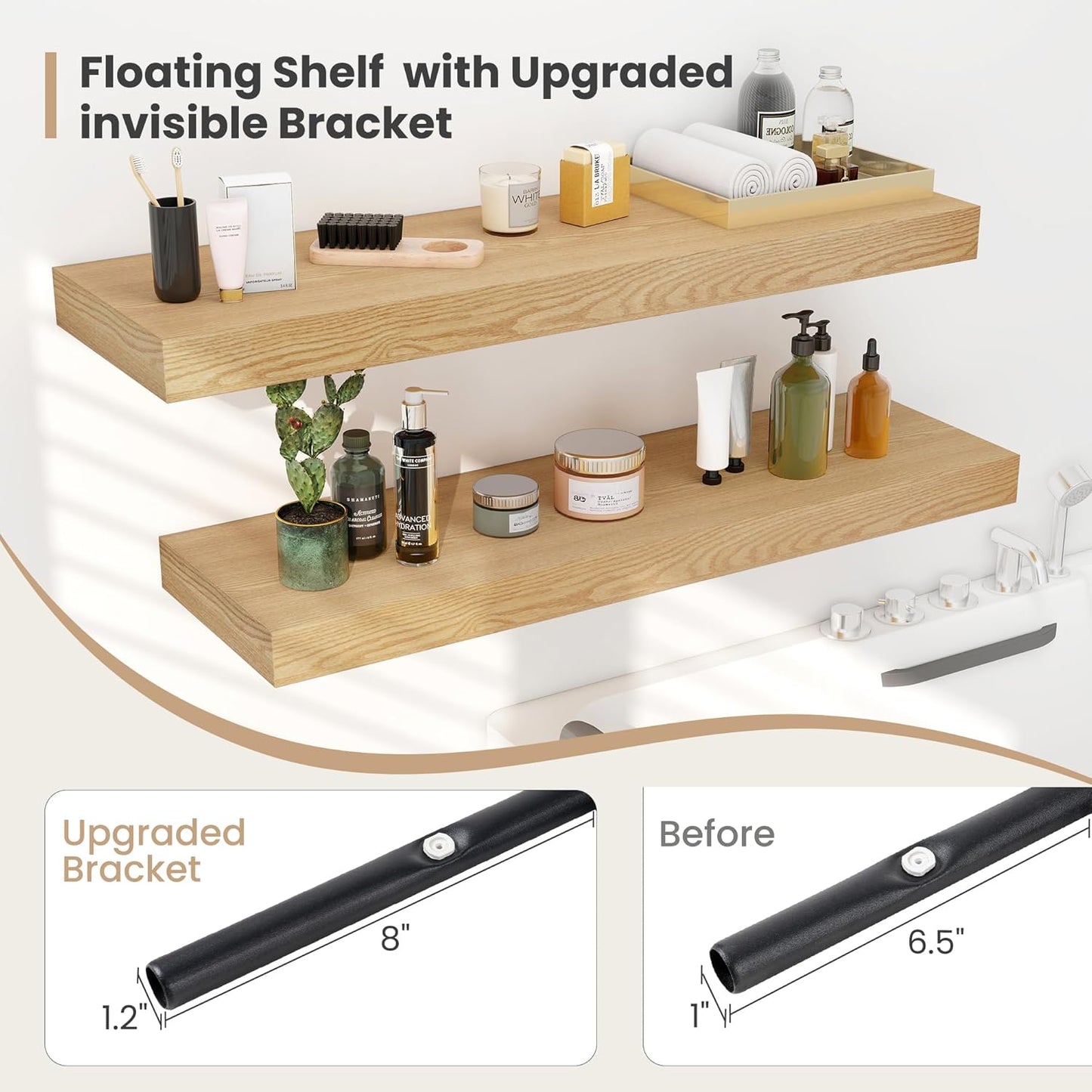 Heimlove 12 Inch Deep Floating Shelves, 16 x 12 inches Long Wall Shelf, Large Extra Display Shelf & Storage Shelf, Rustic Wood Wall Shelves for Fireplace Mantel, Oak - 2Pack