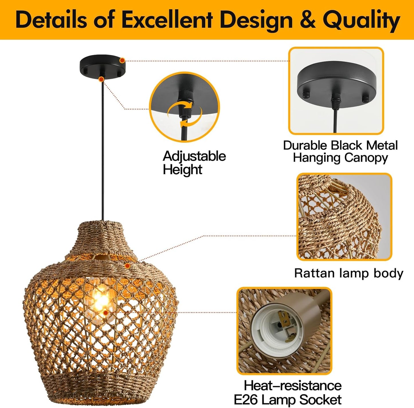 2-Pack Rattan Pendant Light,Bohemian 11.81” Wicker Chandelier,Handwoven Hanging Seagrass Chandeliers Fixture, for Farmhouse Kitchen Island Boho Dining Living