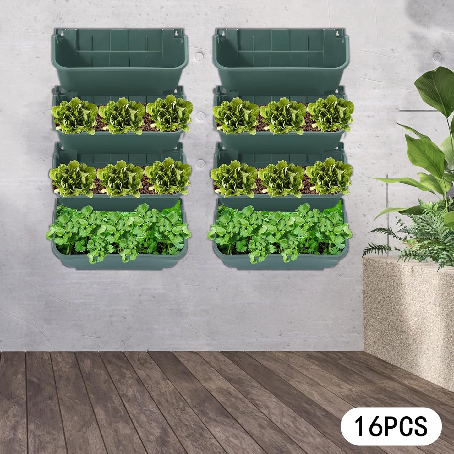 16Pcs Vertical Wall Planter, 13 inch Wall Mounted Garden Planters, Plastic Wall Hanging Planter with Drainage Holes, Wall Planters for Patio Outdoor Decor, Balcony Plant Hanging Flowerpot (Green)