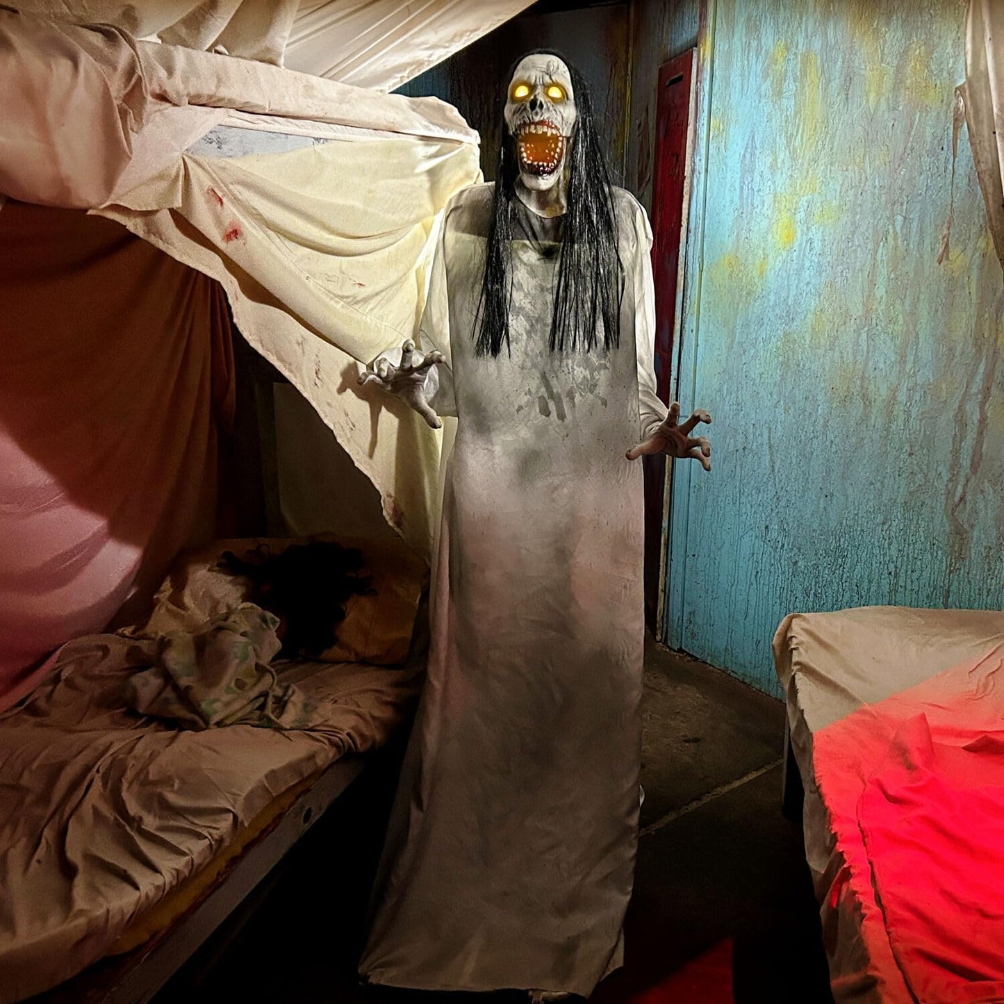 Haunted Hill Farm 5.9 ft. Animatronic Lurching Woman by Tekky, Halloween Animatronic, Scary Indoor House Prop & Decoration, Creepy Occult Horror Decor with Motion-Activated Lights & Sound, Life-Size