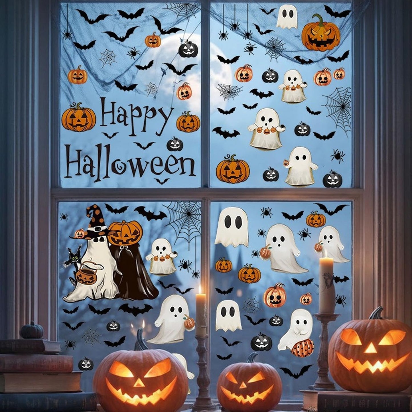 Halloween Ghost Window Clings for Glass 6 Sheets Cute Window Decals Spooky Window Stickers Pumpkin Spider Windows Cling for Halloween Fall Party Home School Office Glass Supplies Decorations