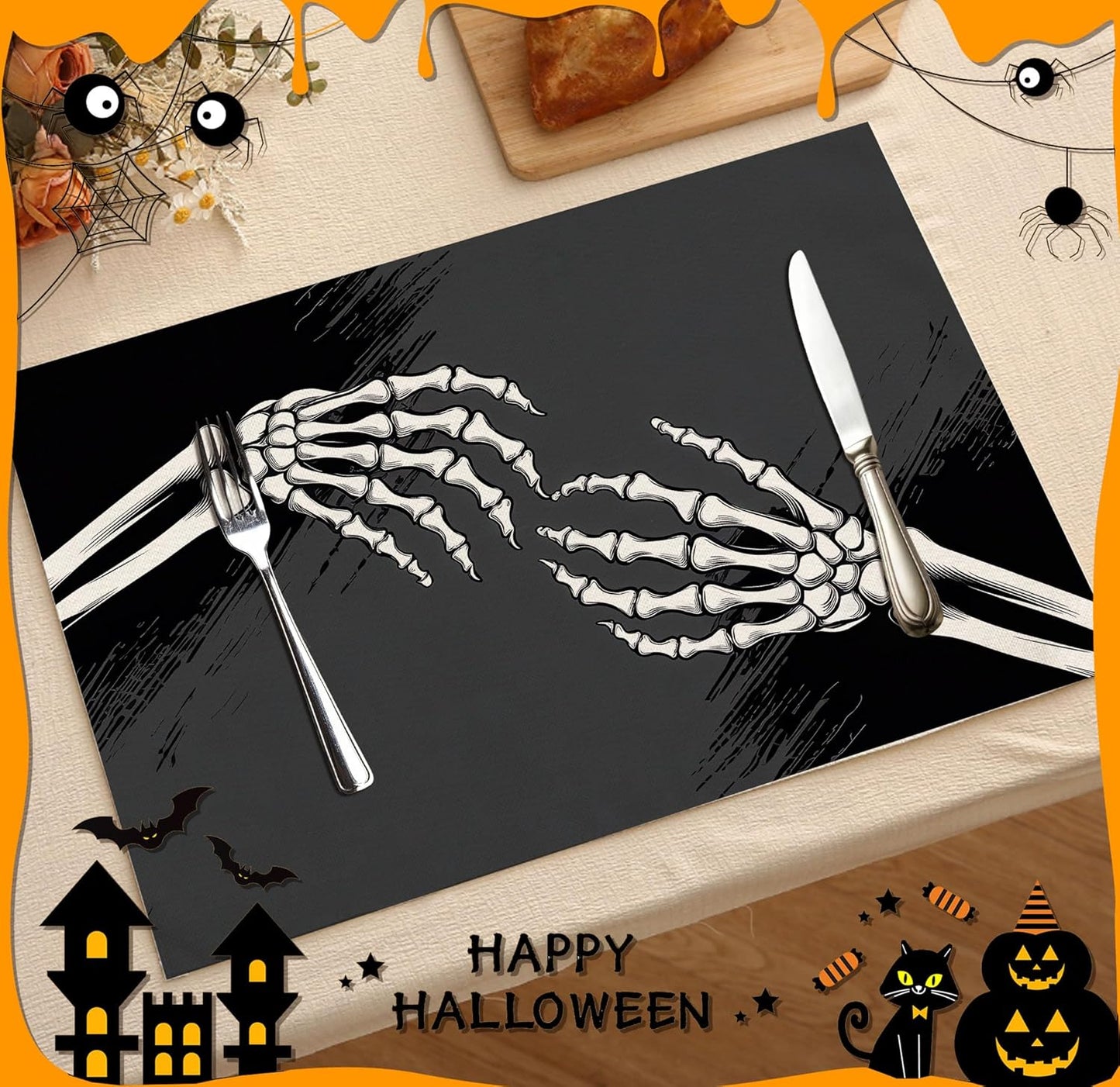 Halloween Skeleton Placemats Set of 4, 12x18 Inch Skeleton Decorative Table Mats, Washable Heat Resistant Place Mats for Kitchen Dining Table, Spooky Themed Decoration for Home-B13