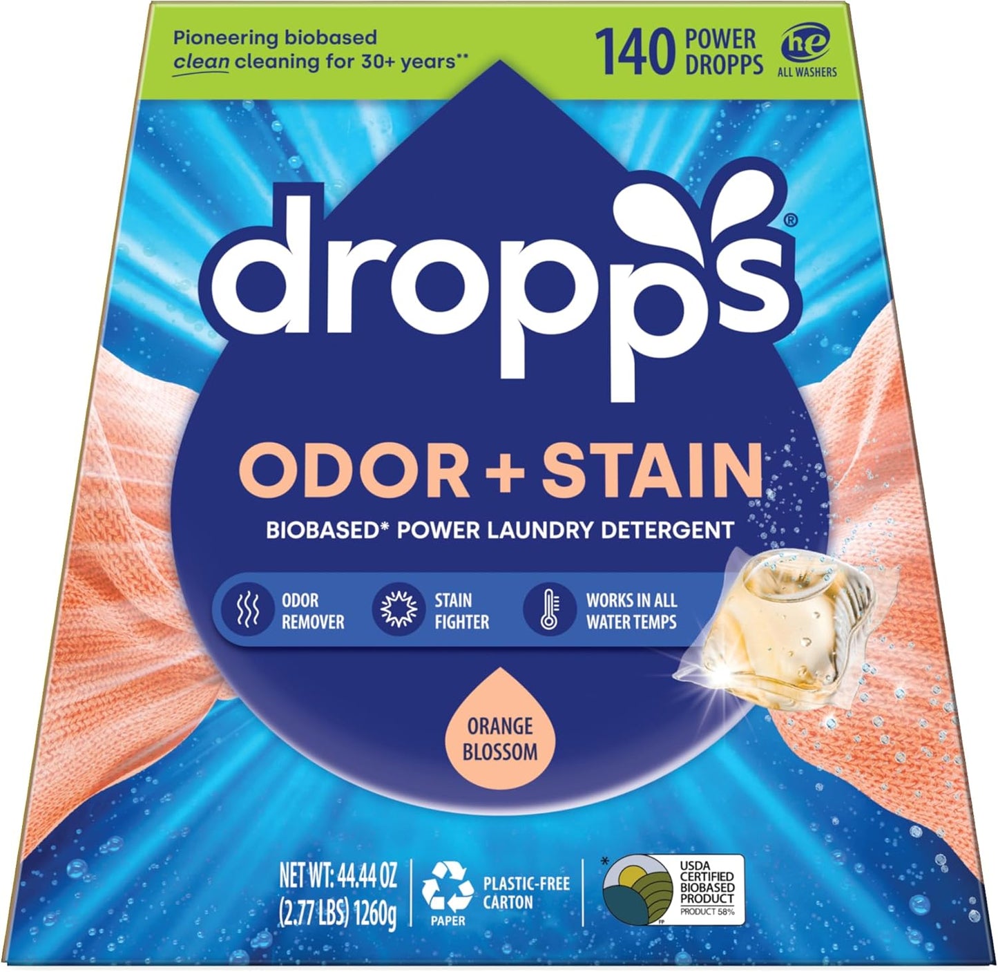 Dropps Odor & Stain Biobased Power Laundry Detergent Pods, Orange Blossom (140 Count) - HE Compatible Laundry Pods for Fresh Clothes - Laundry Soap Supplies & Recyclable Paperboard Packaging