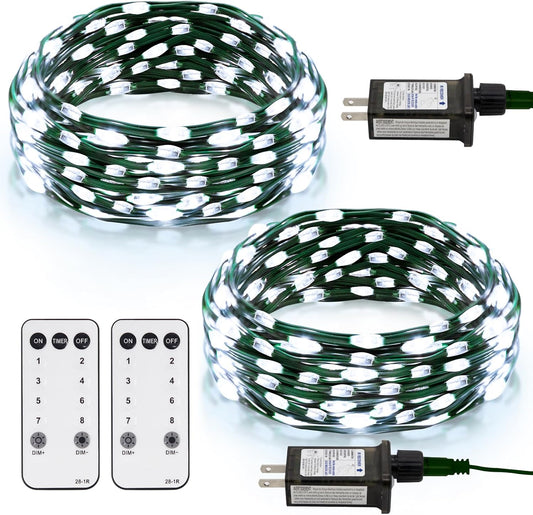 2 Pack Fairy String Lights Plug in, 33Ft Green Wire 100 Micro Starry LED Outdoor String Lights with 8 Modes Timer IP68 Waterproof Twinkle Lights for Bedroom Garden Christmas Home Decor (Cool White)