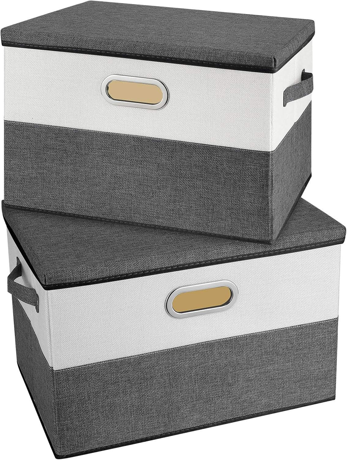 Large Linen Fabric Foldable Storage Bins with Removable Lid and Handles, Washable Storage Box Organizer Containers Baskets Cube with Cover for Bedroom,Closet,Office(Grey&Cream, Large(2-Pack))