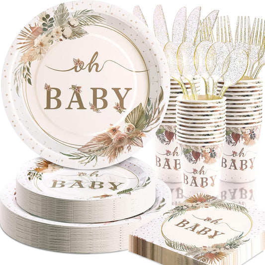 168 Pcs Boho Its A Girl Baby Shower Decorations, Boho Baby Shower Plates and Cups and Napkins Sets, for Baby In Bloom Oh Baby Western Girl, Summer Fall Woodsy Rustic Neutral, Serves 24